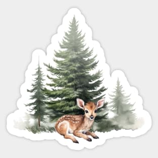 Woodland Baby Deer and Watercolor Trees. Sticker